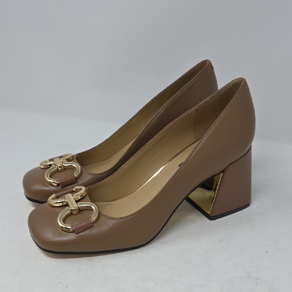 Nine West Caven Taupe Block Heel Pumps with Gold Hardware Horsebit Size 7